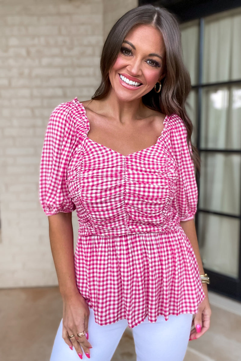 Through The Window Fuchsia Gingham Check Ruched Baby Doll Top