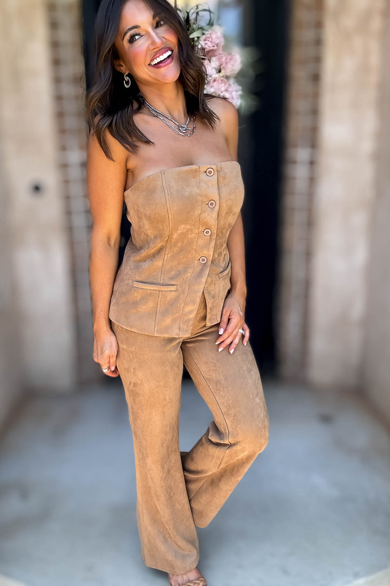 Le Lis Camel Low Waist Suede Boot Cut Pants