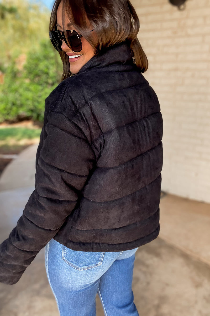 Black High Neck Zip-Up Corduroy Puffer Jacket