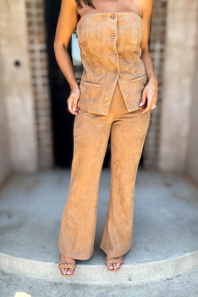 Le Lis Camel Low Waist Suede Boot Cut Pants