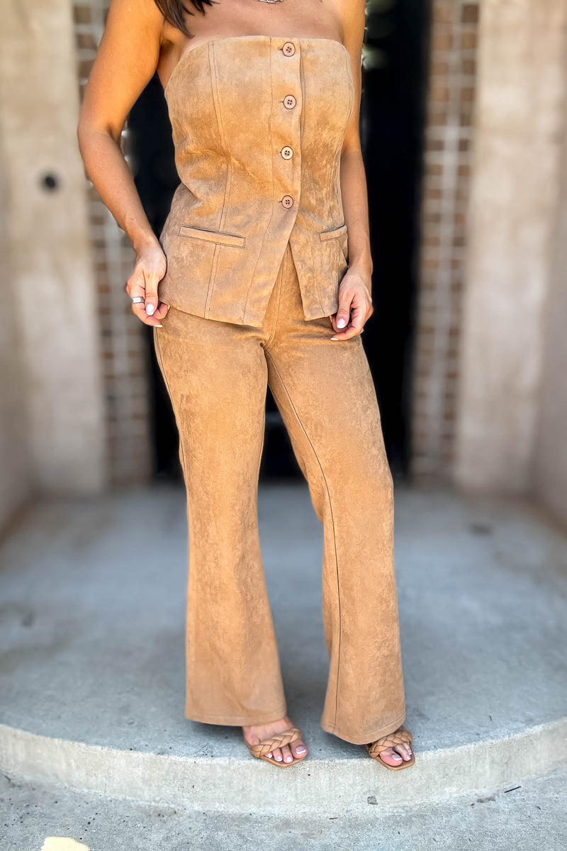 Le Lis Camel Low Waist Suede Boot Cut Pants