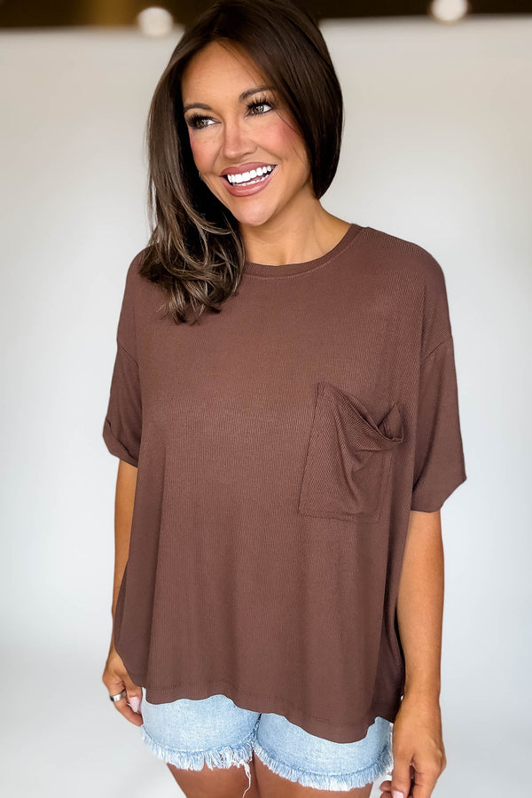 Oversized Brown Ribbed Round Neck Short Sleeve Tee