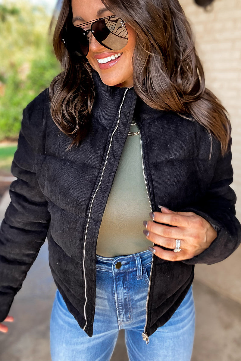Black High Neck Zip-Up Corduroy Puffer Jacket