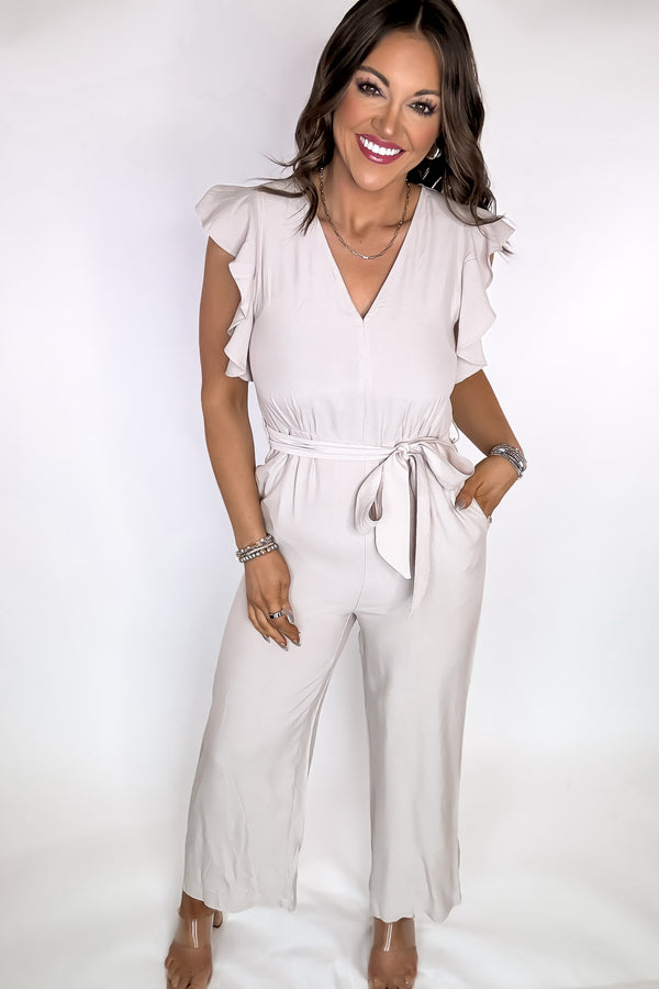 Excited To See Beige Ruffle Sleeve Jumpsuit
