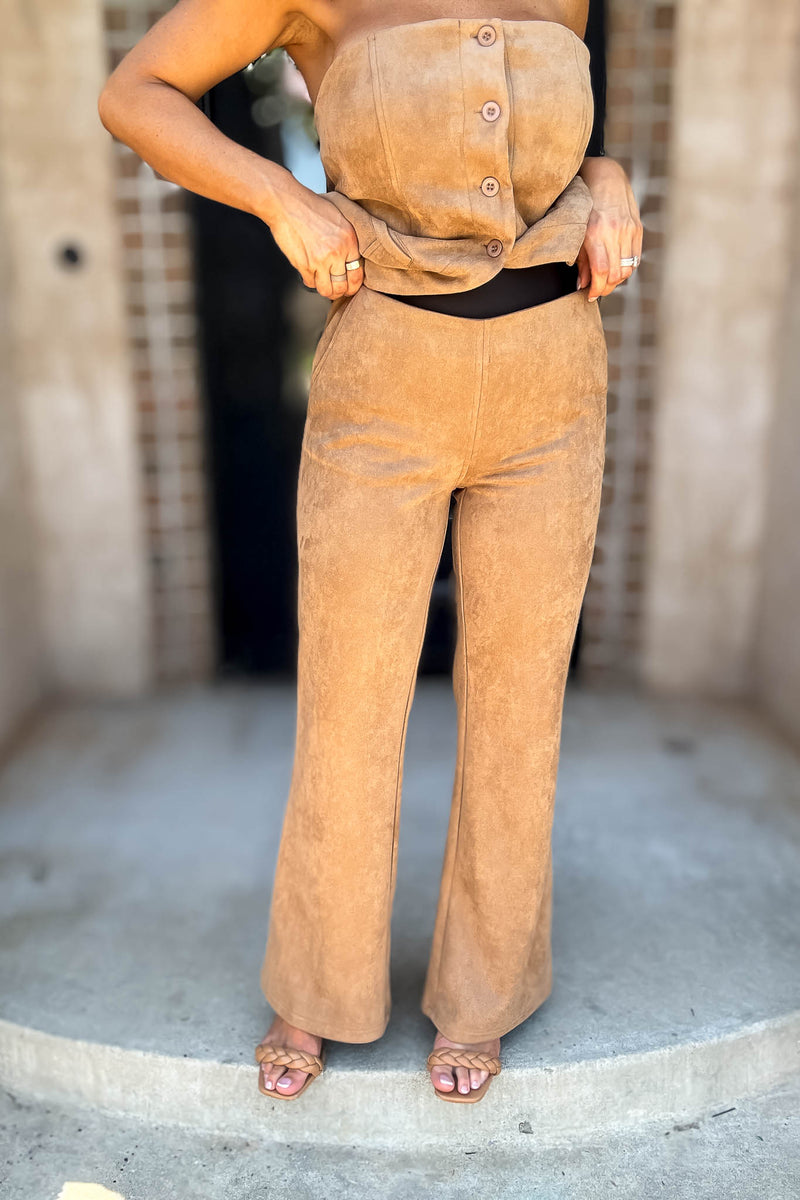 Le Lis Camel Low Waist Suede Boot Cut Pants