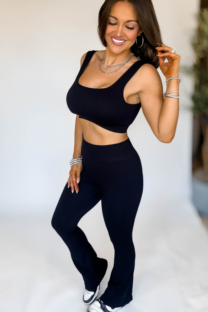 Black Square Neck Sports Bra and Flare Legging Set