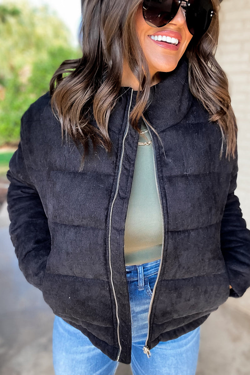 Black High Neck Zip-Up Corduroy Puffer Jacket