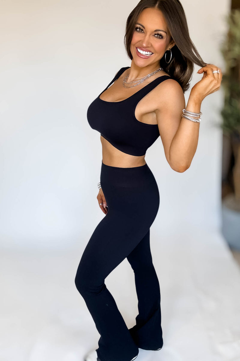 Black Square Neck Sports Bra and Flare Legging Set
