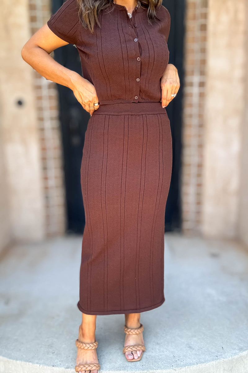 Le Lis Brown Button Down Pointelle Sweater Skirt