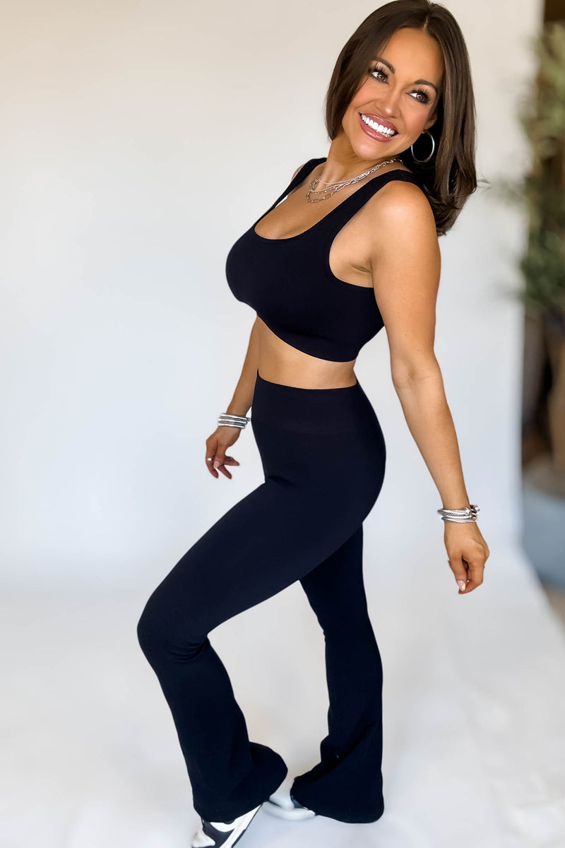 Black Square Neck Sports Bra and Flare Legging Set