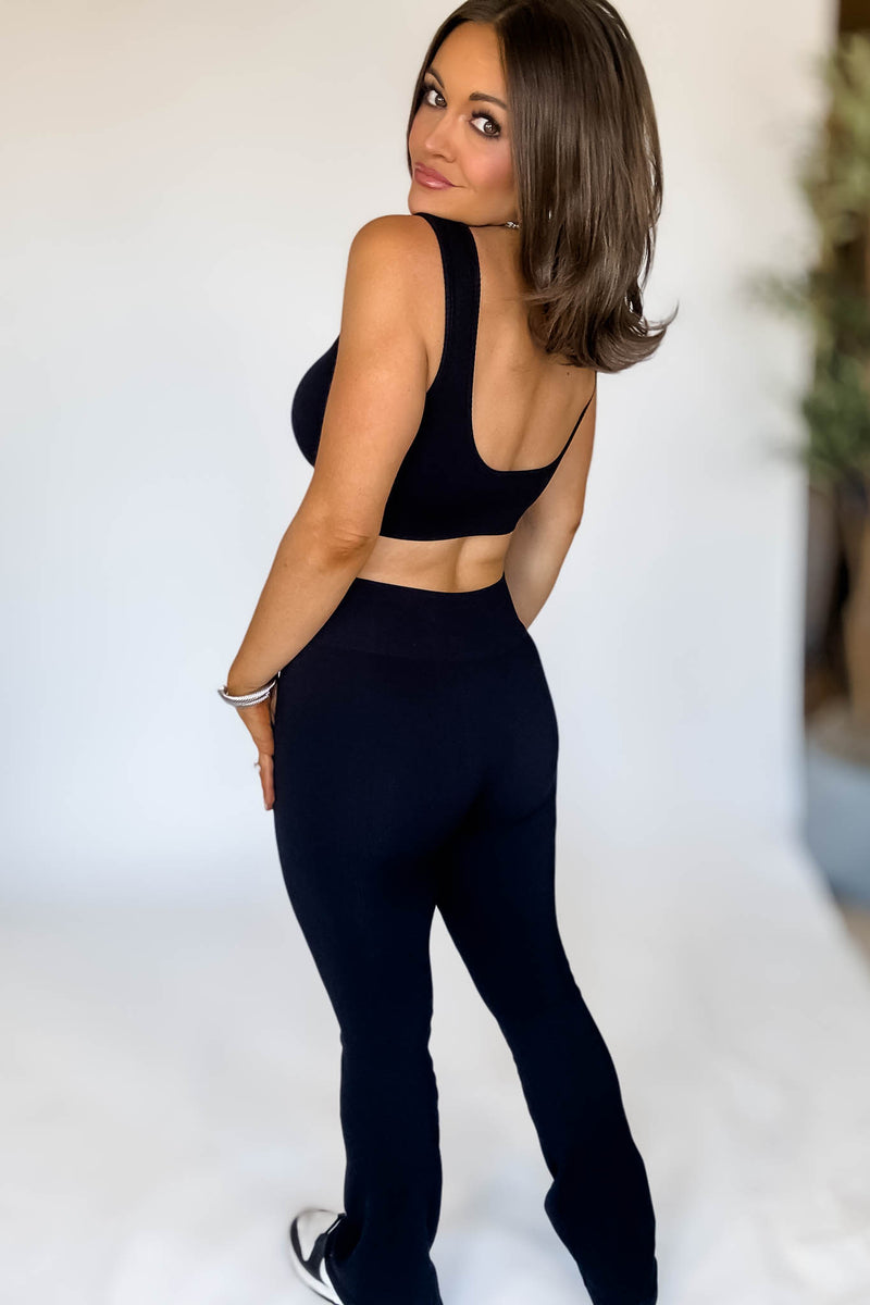 Black Square Neck Sports Bra and Flare Legging Set