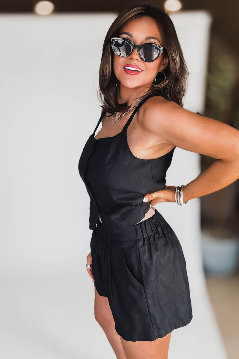 Black Linen Sleeveless Top and short Set