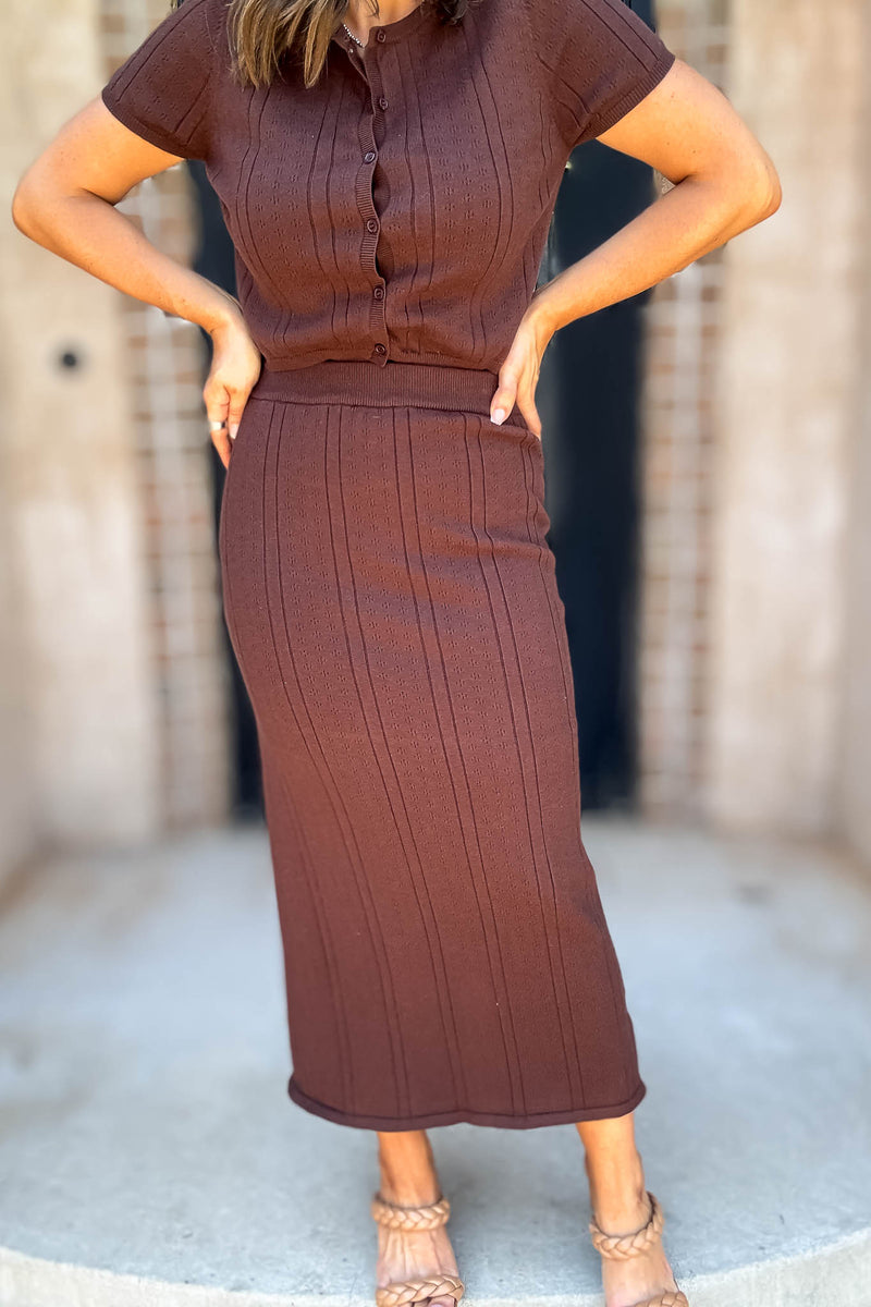 Le Lis Brown Button Down Pointelle Sweater Skirt