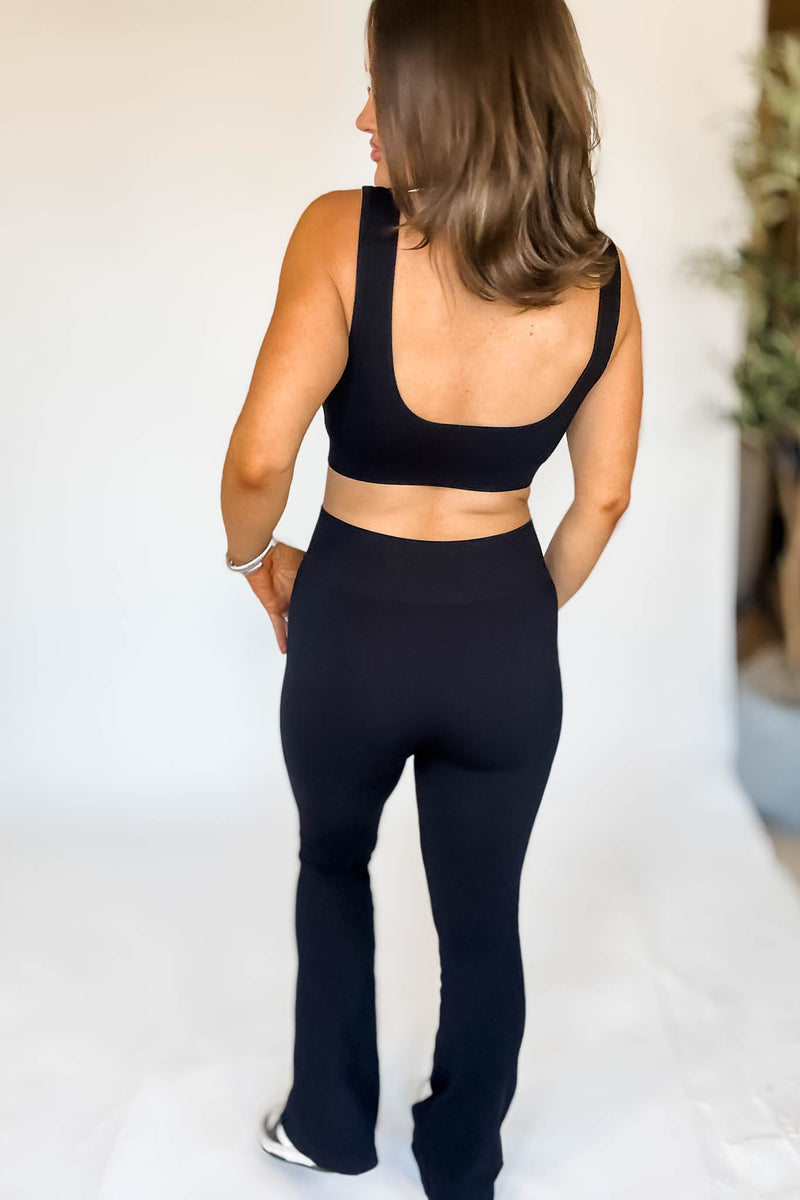 Black Square Neck Sports Bra and Flare Legging Set
