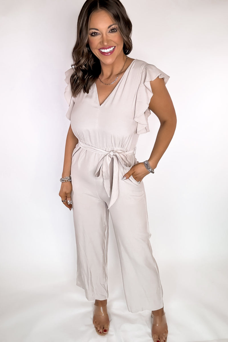 Excited To See Beige Ruffle Sleeve Jumpsuit