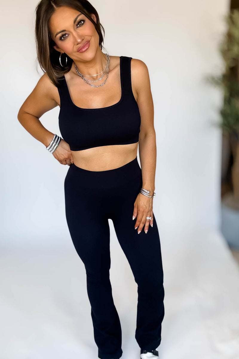 Black Square Neck Sports Bra and Flare Legging Set