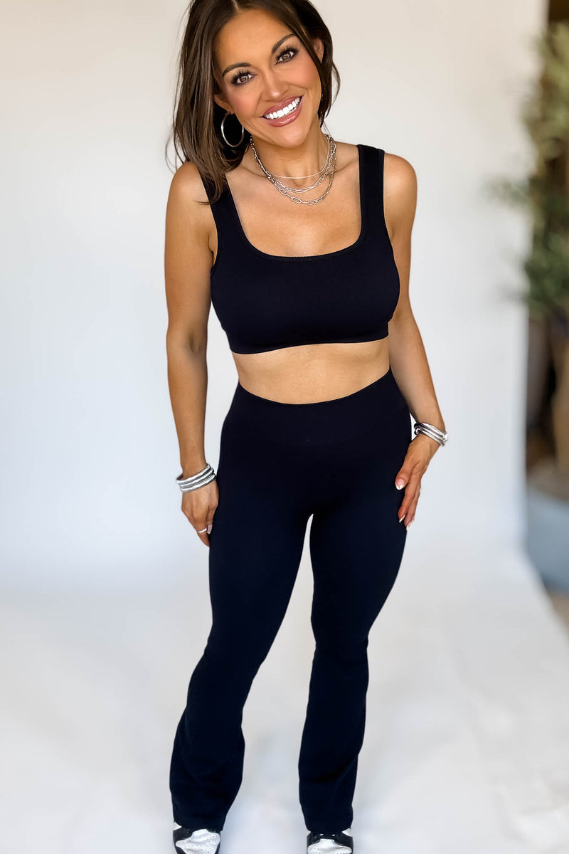Black Square Neck Sports Bra and Flare Legging Set