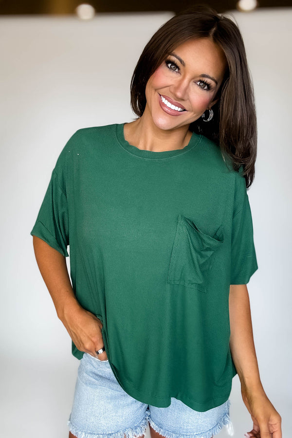 Oversized Dark Green Ribbed Round Neck Short Sleeve Tee