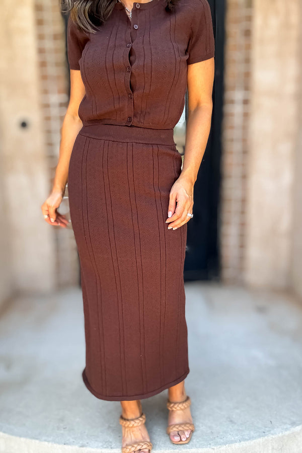 Le Lis Brown Button Down Pointelle Sweater Skirt