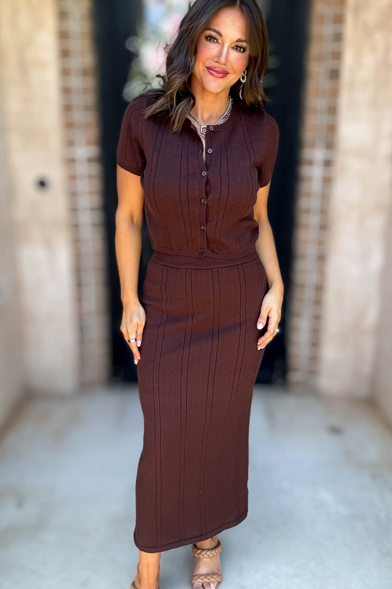 Le Lis Brown Button Down Pointelle Sweater Skirt