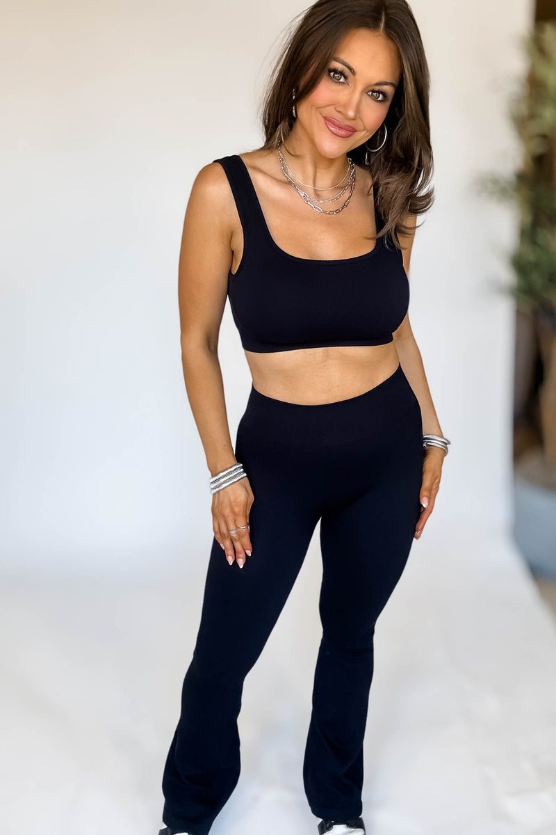 Black Square Neck Sports Bra and Flare Legging Set