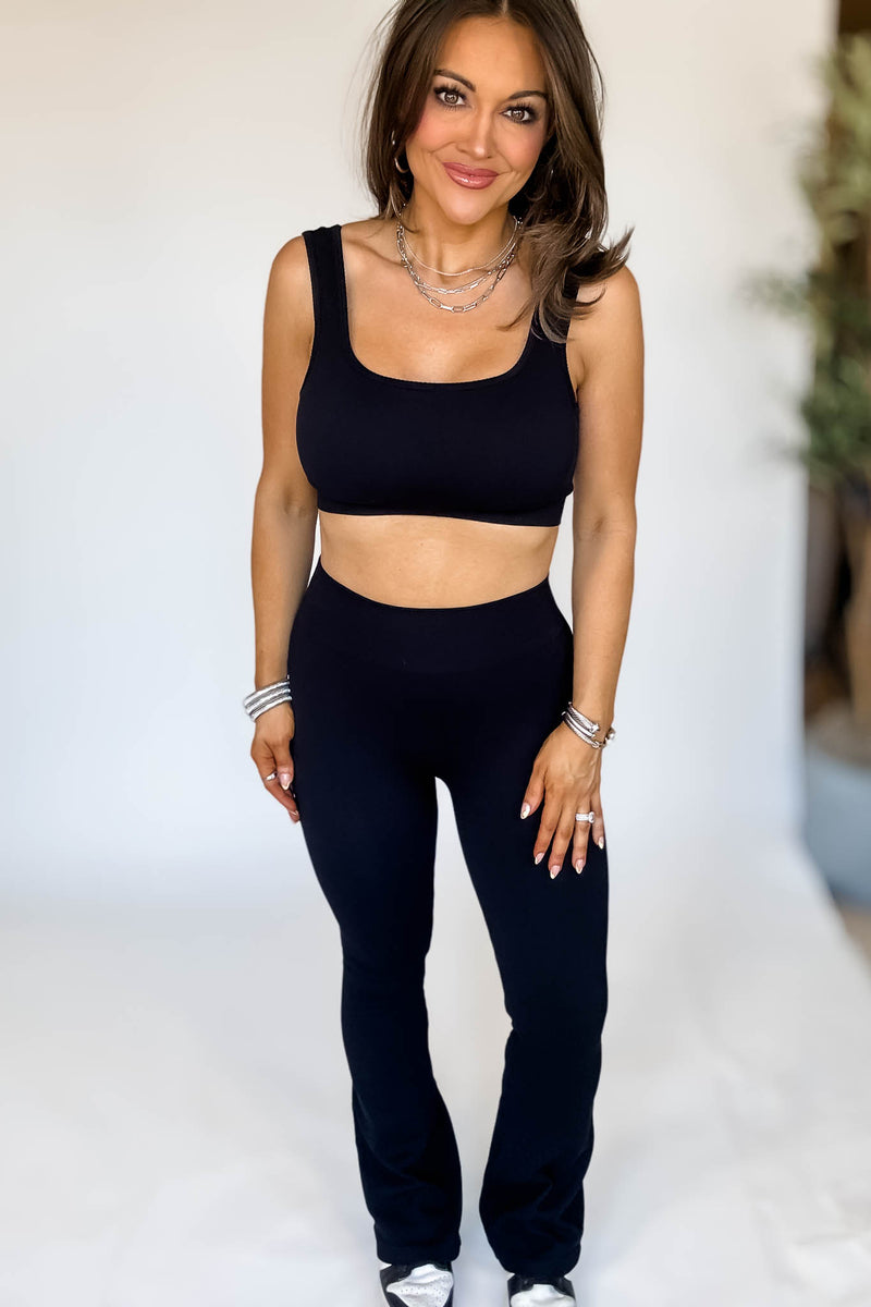 Black Square Neck Sports Bra and Flare Legging Set
