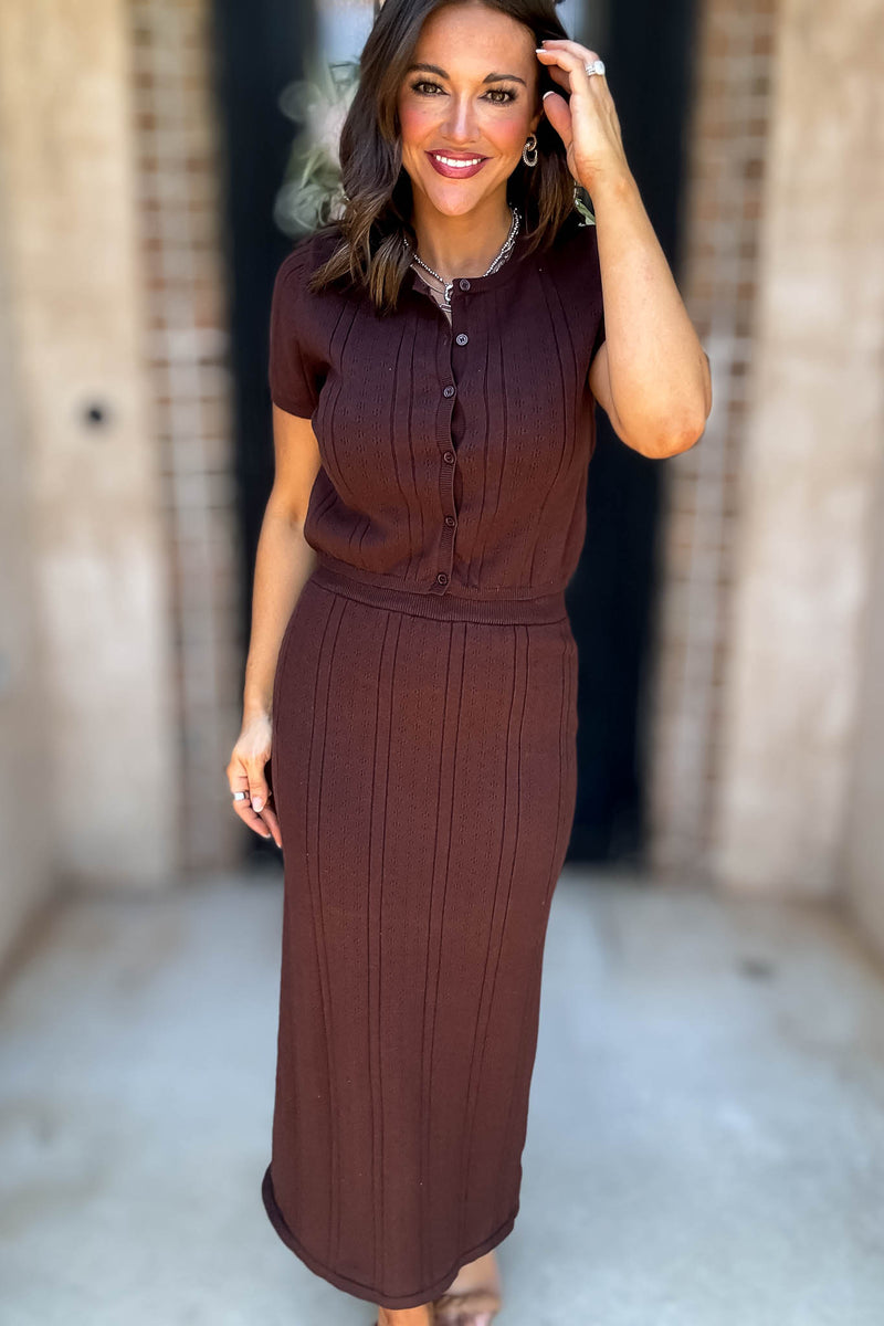 Le Lis Brown Button Down Pointelle Sweater Top