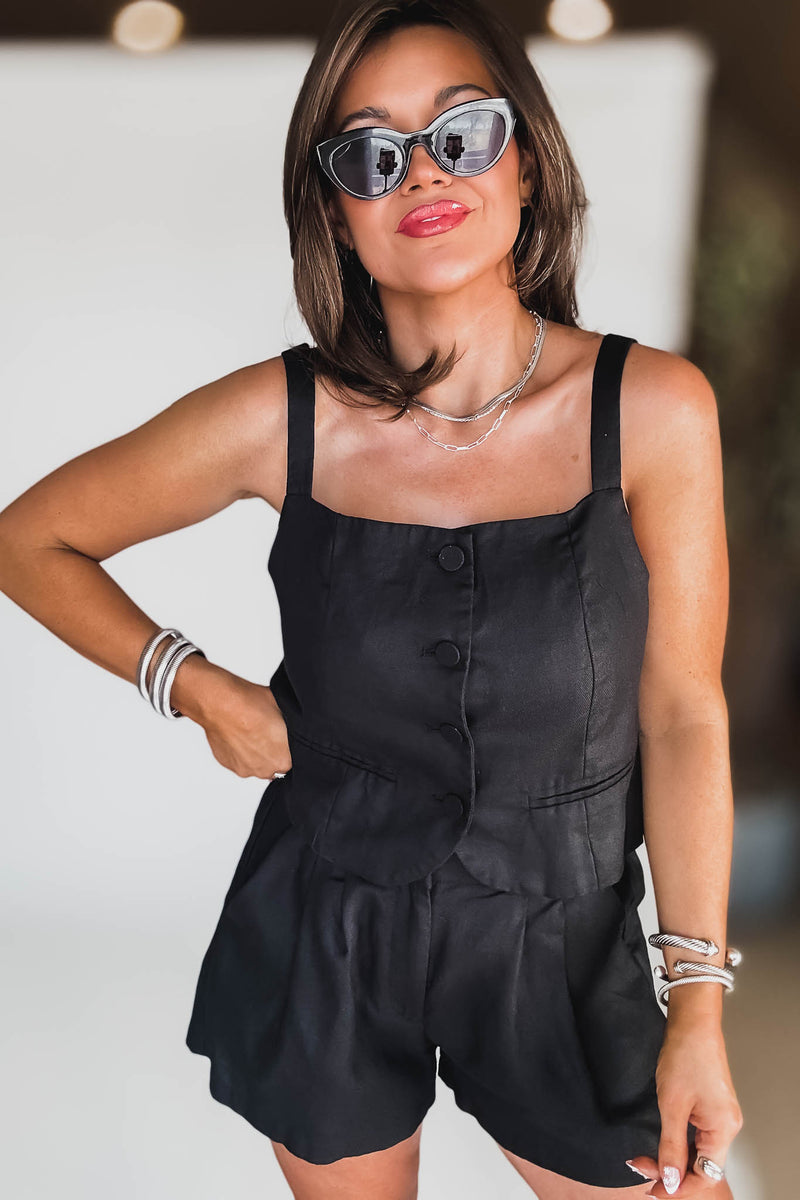 Black Linen Sleeveless Top and short Set