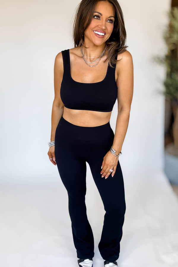 Black Square Neck Sports Bra and Flare Legging Set