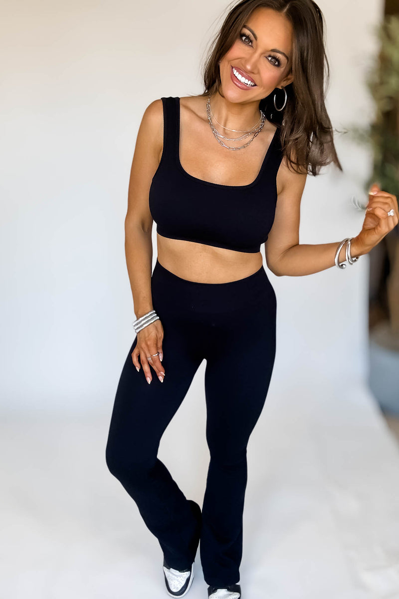 Black Square Neck Sports Bra and Flare Legging Set