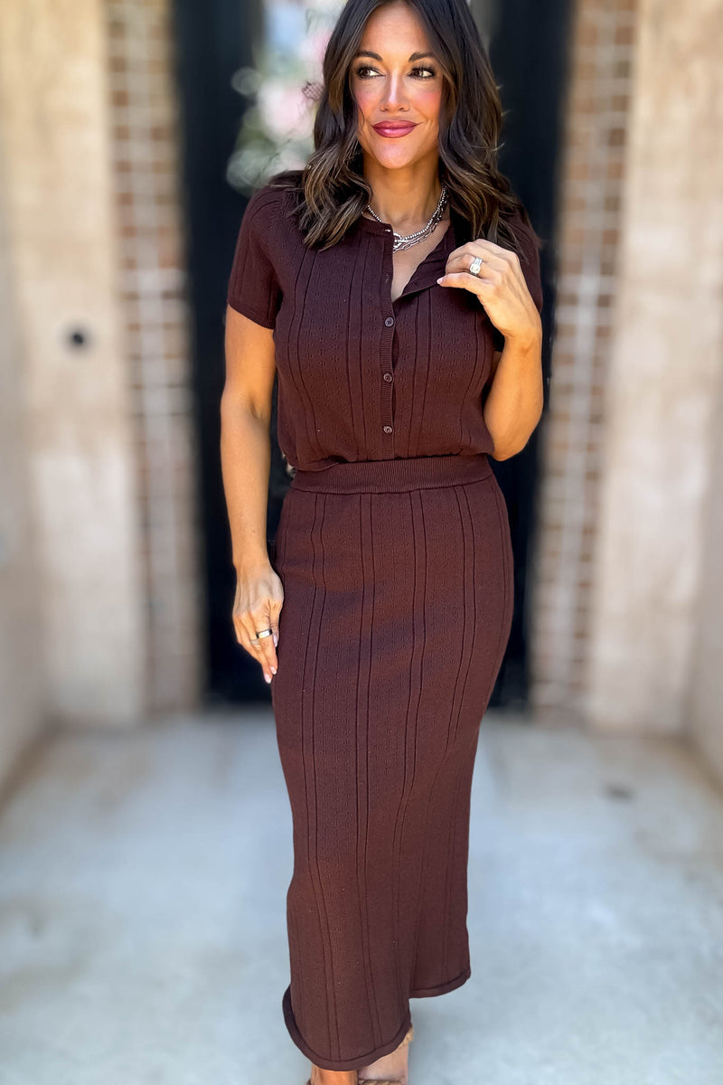 Le Lis Brown Button Down Pointelle Sweater Top