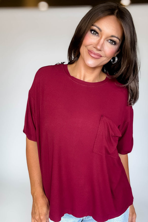 Oversized Cabernet Ribbed Round Neck Short Sleeve Tee