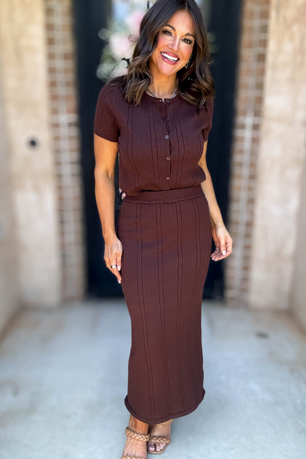 Le Lis Brown Button Down Pointelle Sweater Skirt