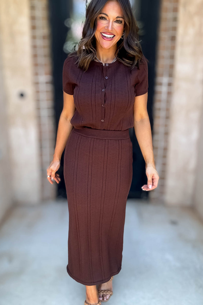 Le Lis Brown Button Down Pointelle Sweater Skirt