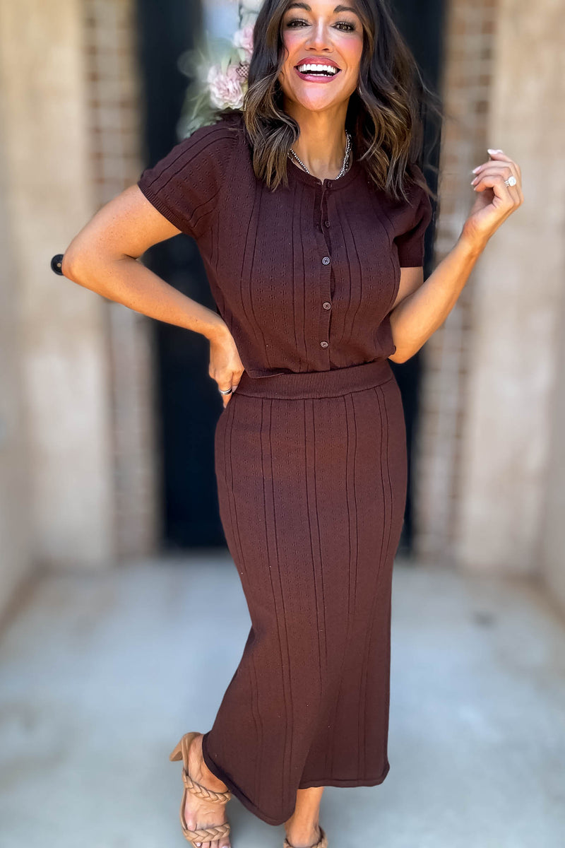 Le Lis Brown Button Down Pointelle Sweater Top