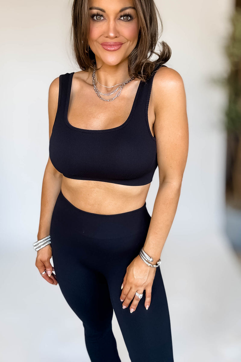 Black Square Neck Sports Bra and Flare Legging Set