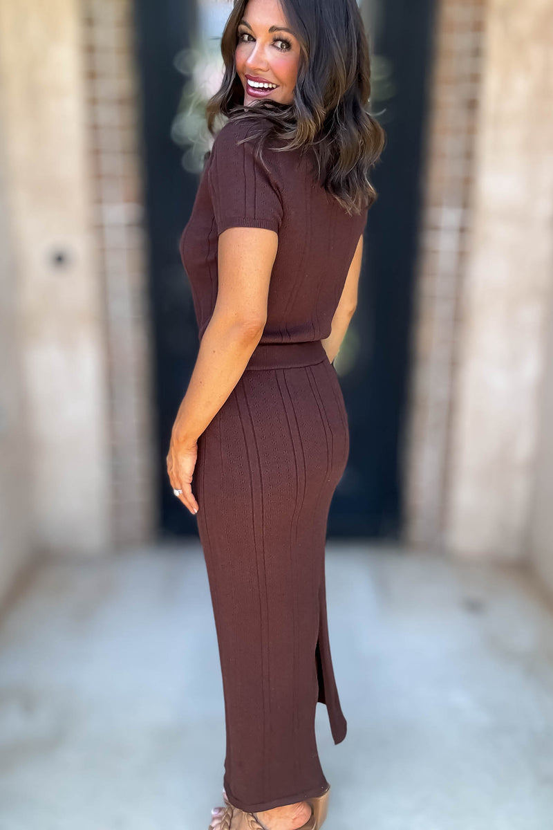 Le Lis Brown Button Down Pointelle Sweater Skirt