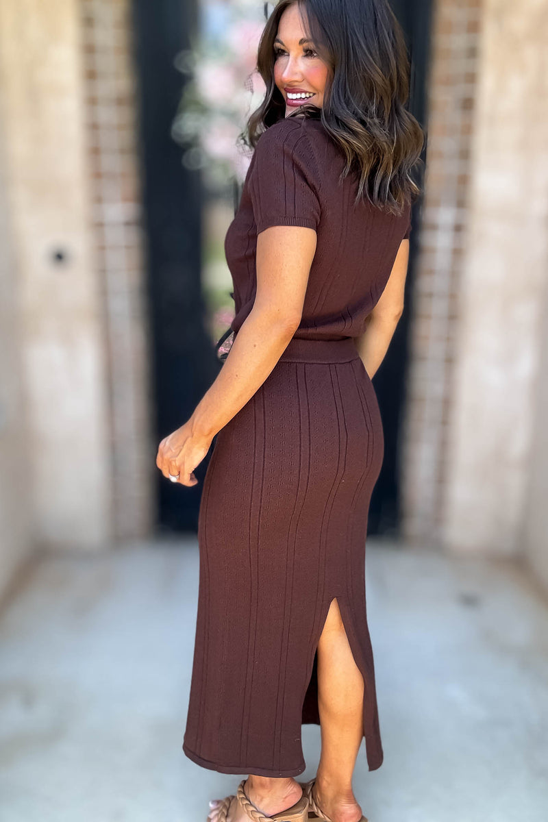 Le Lis Brown Button Down Pointelle Sweater Skirt