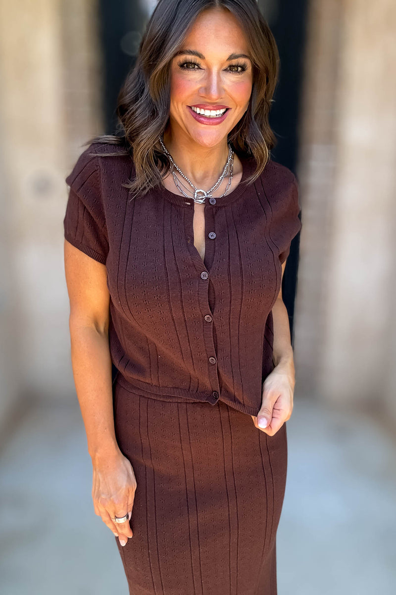 Le Lis Brown Button Down Pointelle Sweater Top