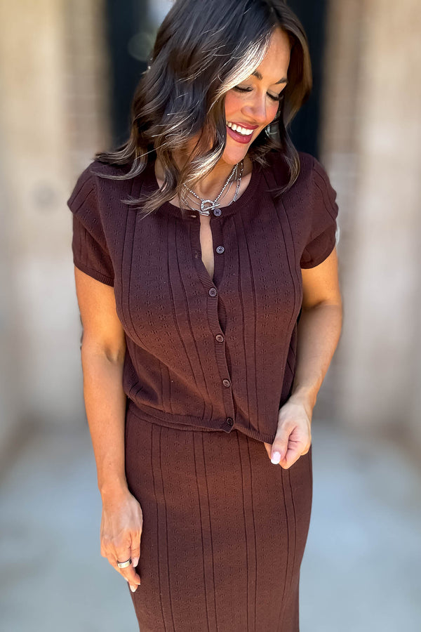 Le Lis Brown Button Down Pointelle Sweater Top