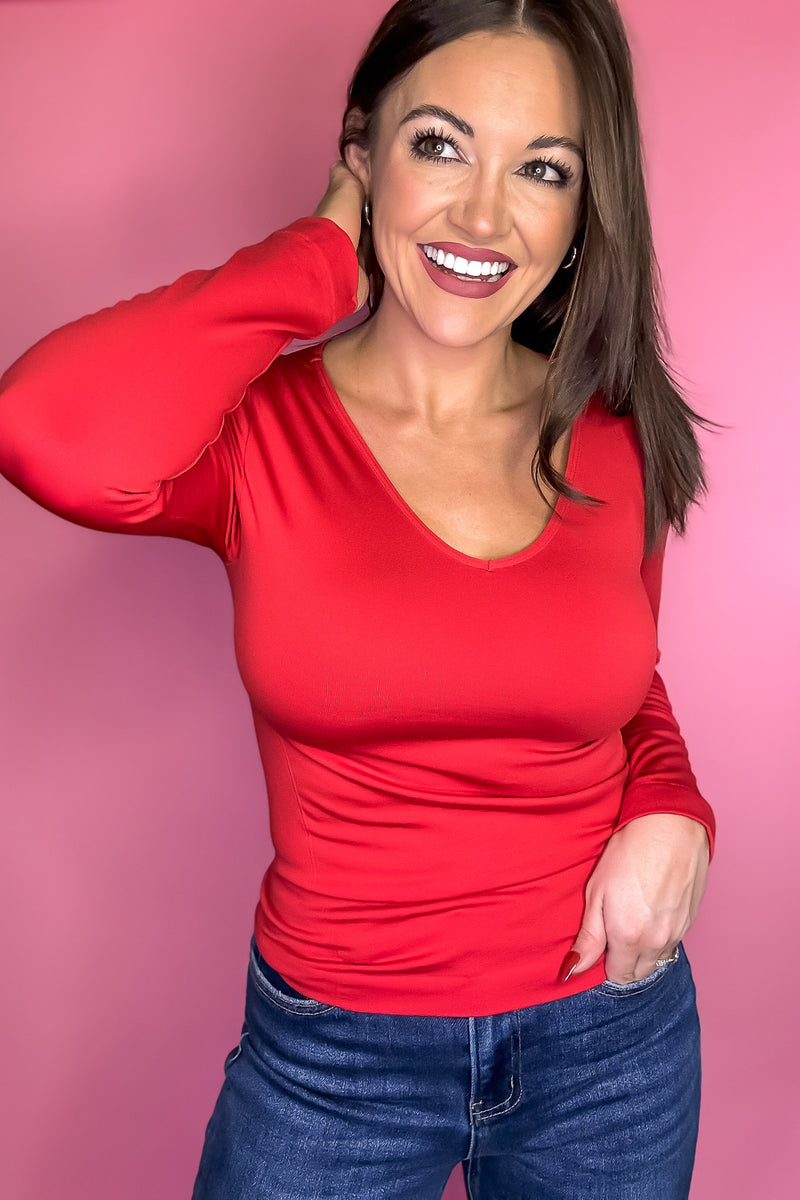 Fleece Lined Red Seamless V Neck Long Sleeve Top