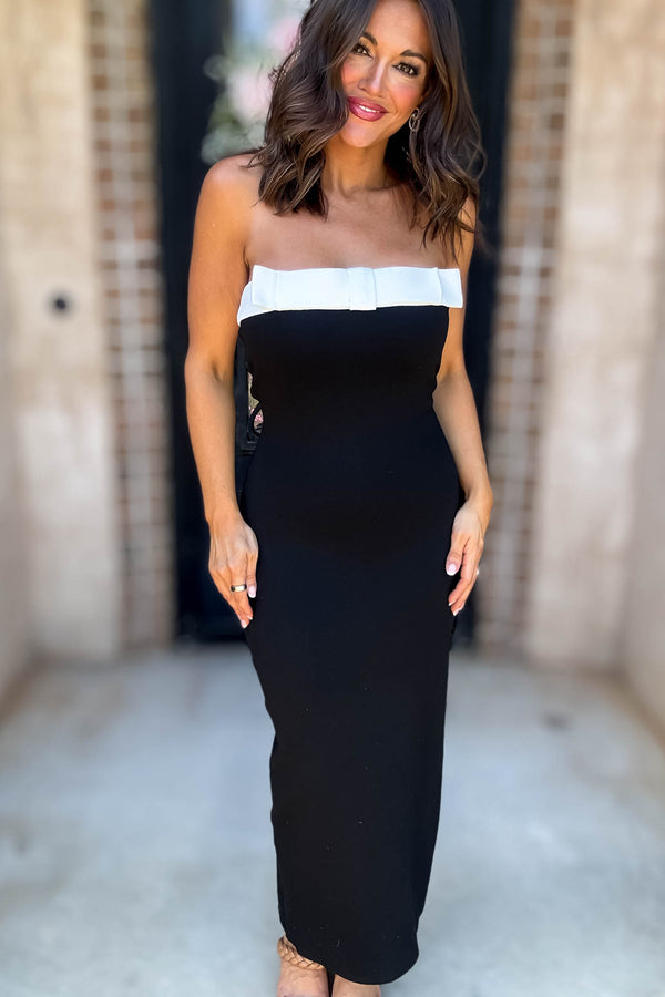 Mable Strapless Knit Contrast Trim Midi Dress With Bow