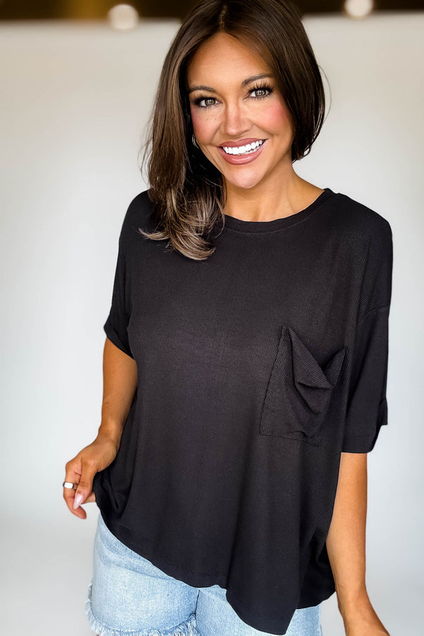 Oversized Black Ribbed Round Neck Short Sleeve Tee