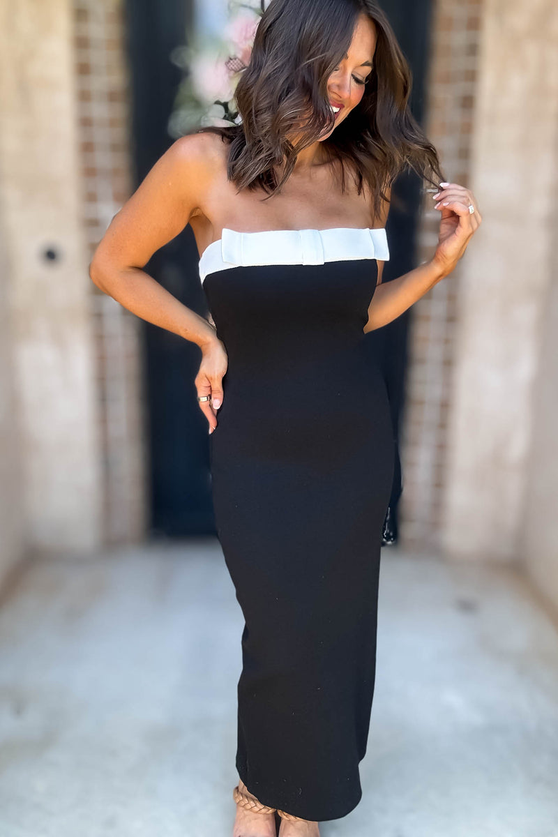 Mable Strapless Knit Contrast Trim Midi Dress With Bow