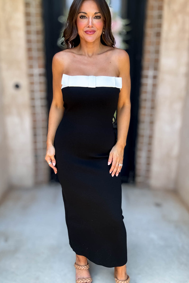 Mable Strapless Knit Contrast Trim Midi Dress With Bow