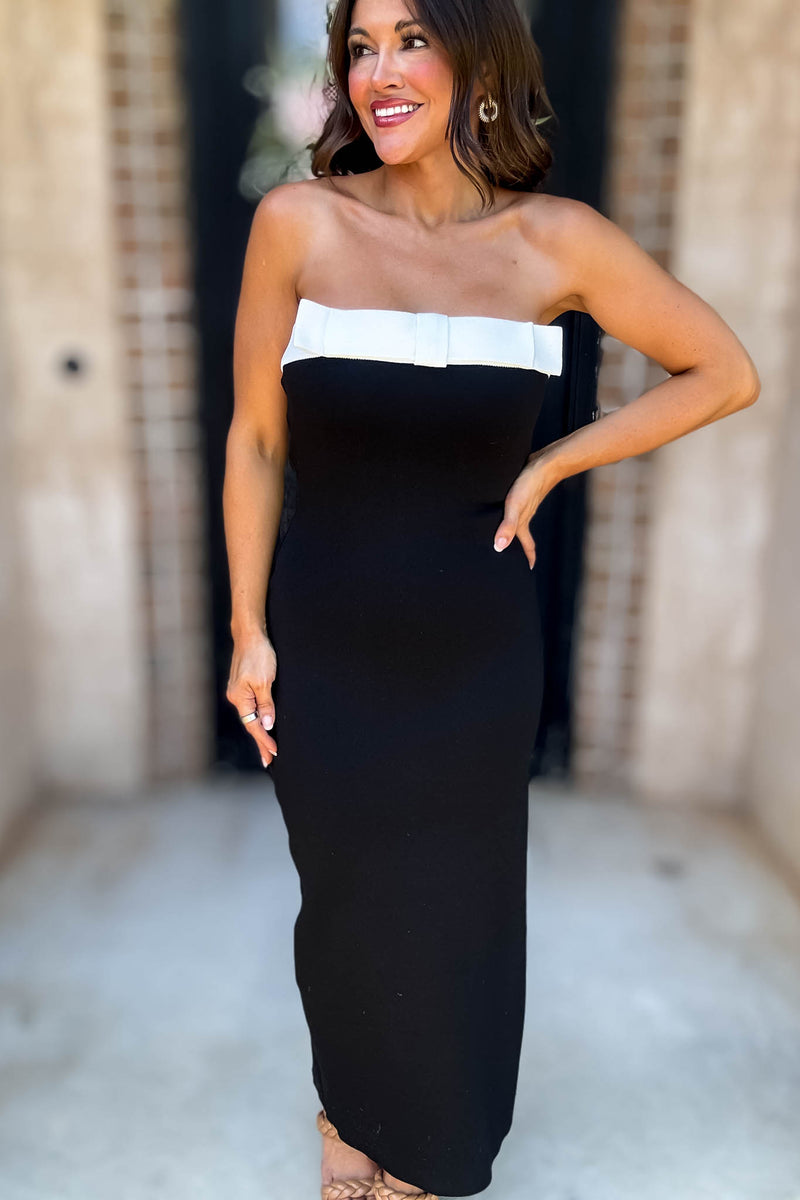 Mable Strapless Knit Contrast Trim Midi Dress With Bow
