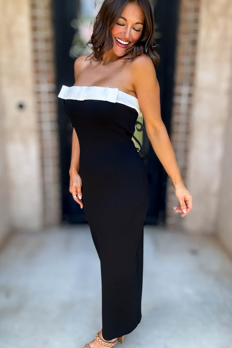 Mable Strapless Knit Contrast Trim Midi Dress With Bow