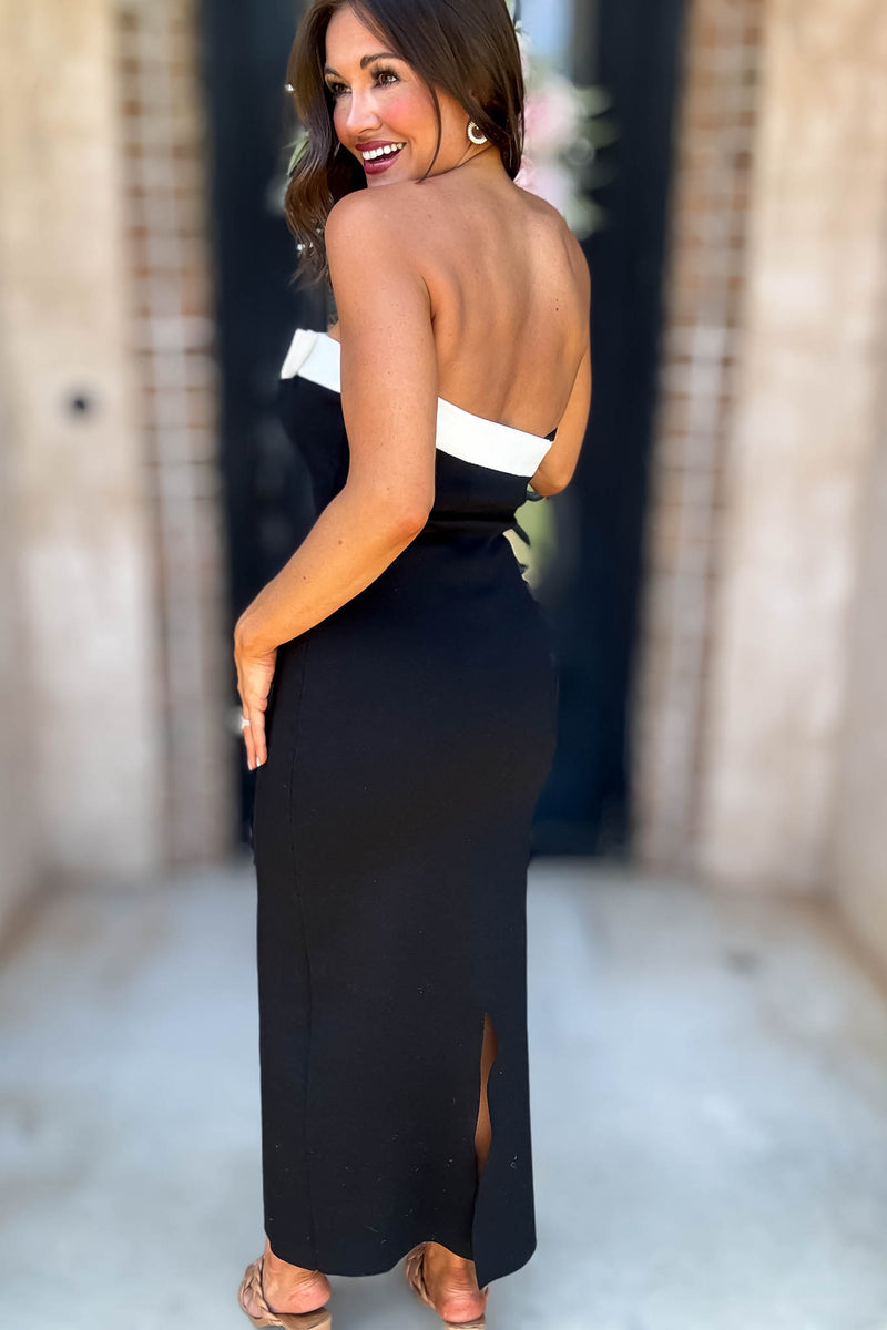Mable Strapless Knit Contrast Trim Midi Dress With Bow