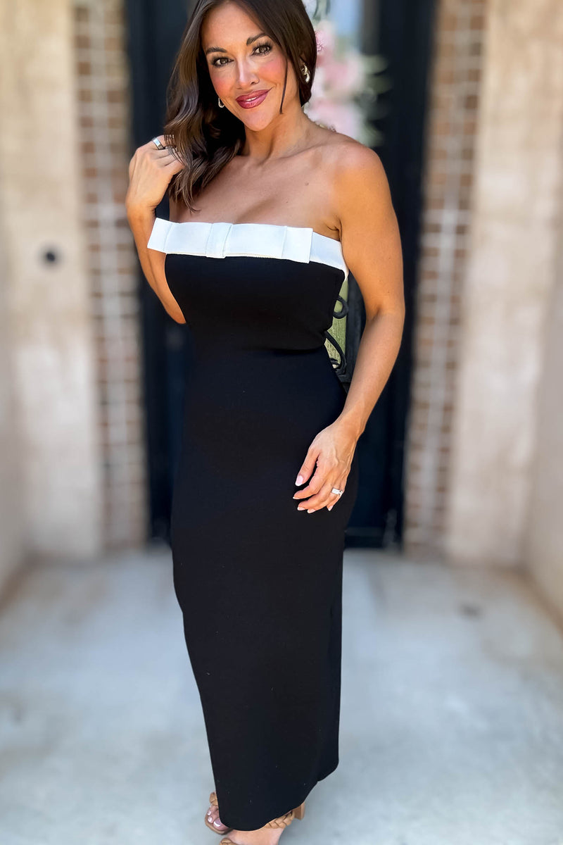 Mable Strapless Knit Contrast Trim Midi Dress With Bow