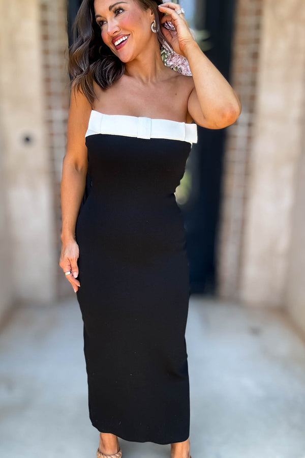 Mable Strapless Knit Contrast Trim Midi Dress With Bow